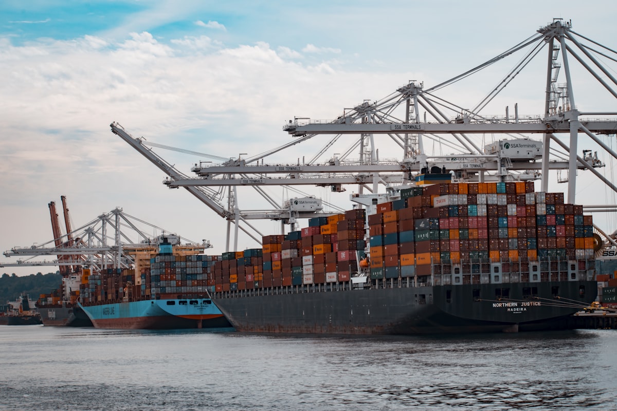 Navires porte-conteneurs à quai sous portiques de manutention